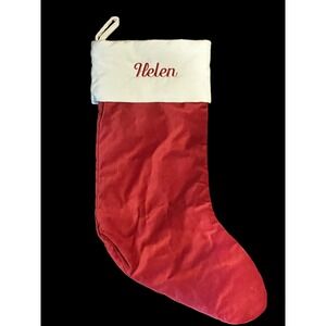 Pottery Barn Red Cream Velvet 21" Christmas Winter Stocking Personalized "HELEN"